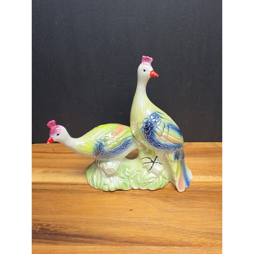 2 Vtg Porcelain Lusterware Peacock Figure Made in Brazil Majolica MCM Bird Peach